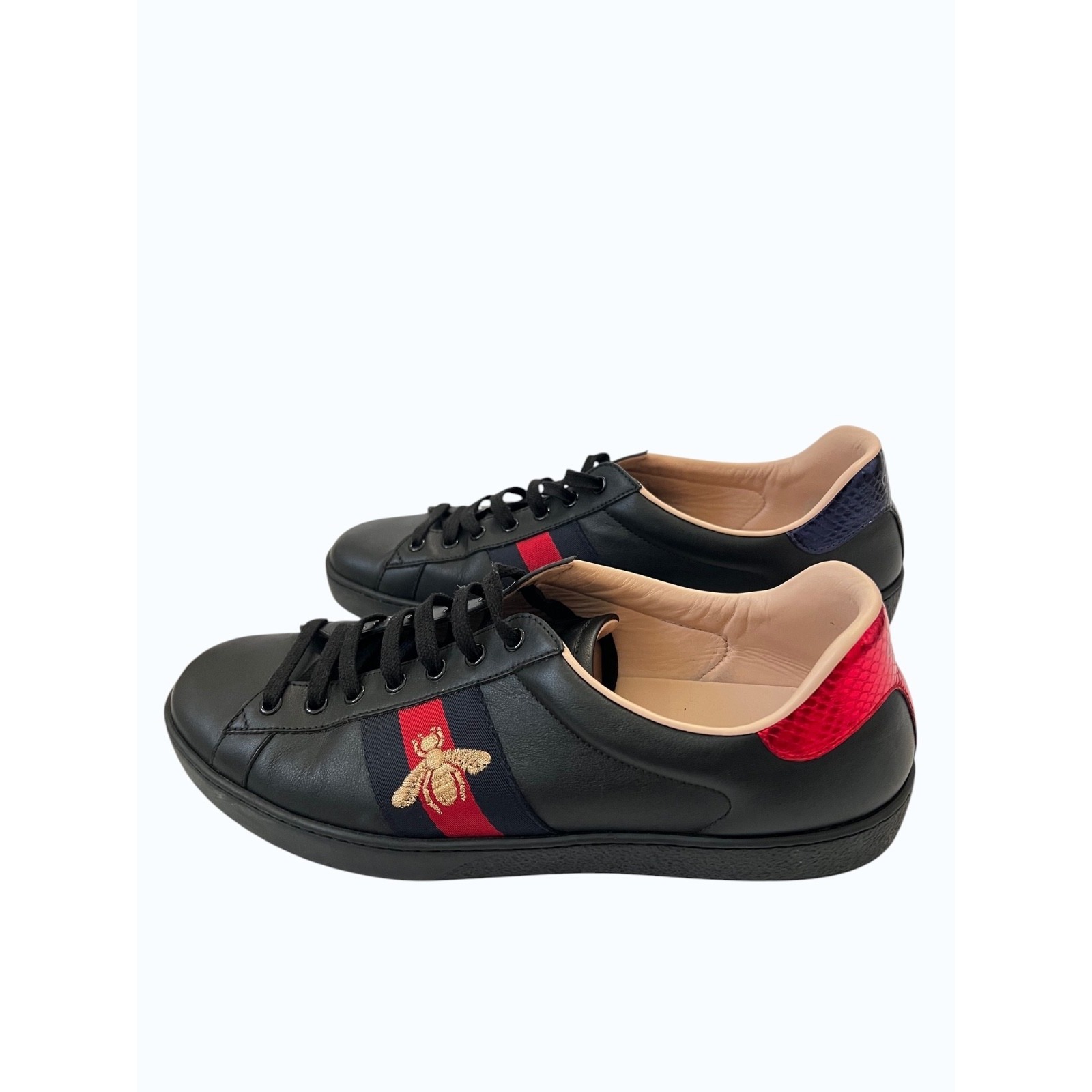 Gucci Ace Bee Embroidered Sneakers Men's Size 11 Black Leather Web Stripe Shoes